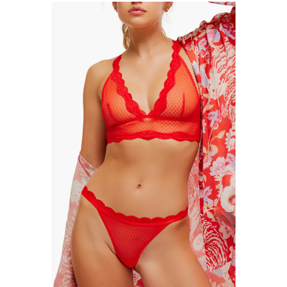 Free People Bralette & Panty Set Womens M Red Mesh Lace Polka Dot Sheer Lingerie